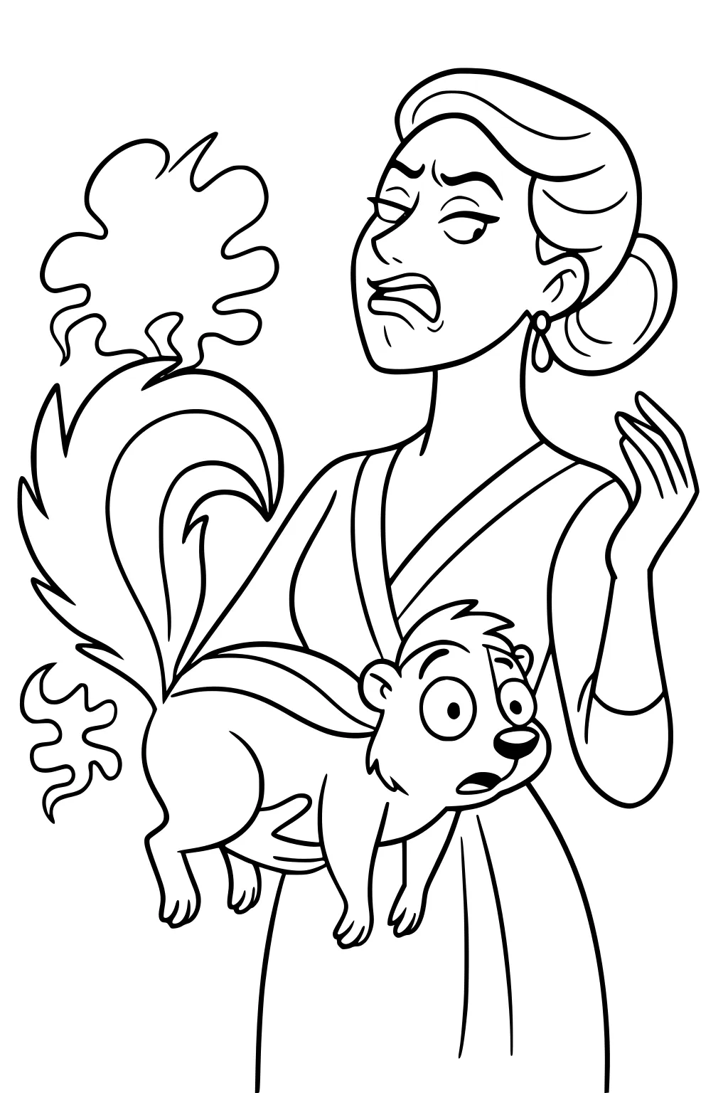 Woman in a dress holding a spraying skunk, both looking surprised, with stink lines all around.
