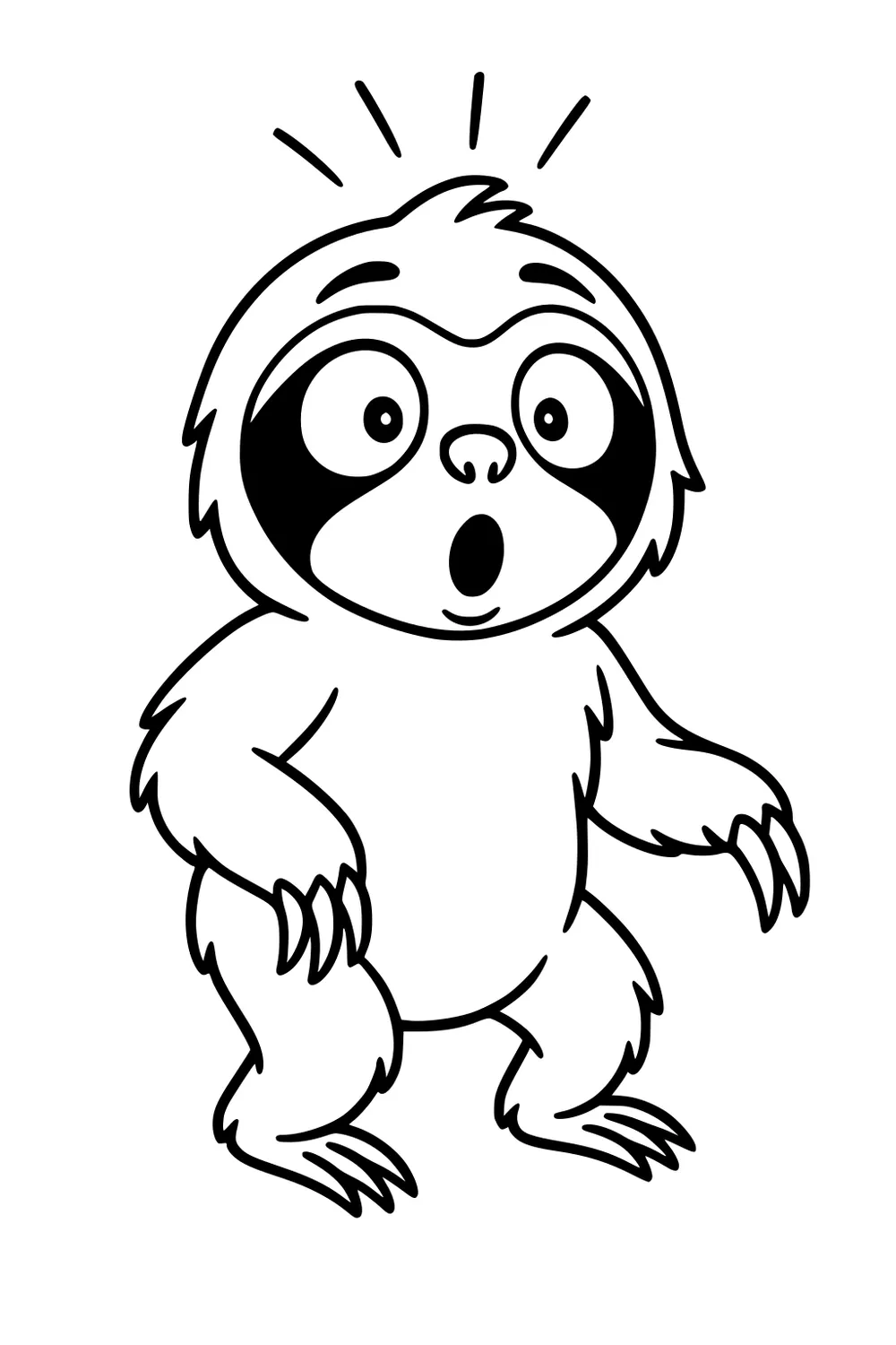 Surprised cartoon sloth with open mouth, big eyes, standing upright, and fluffy fur, outlined for coloring.
