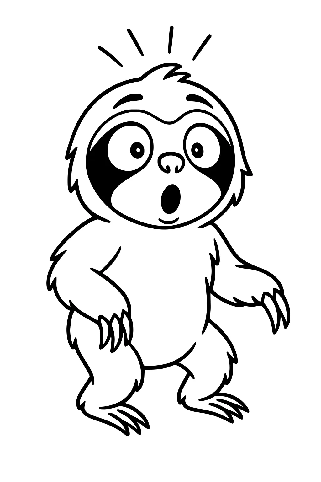 Surprised cartoon sloth with open mouth, big eyes, standing upright, and fluffy fur, outlined for coloring.