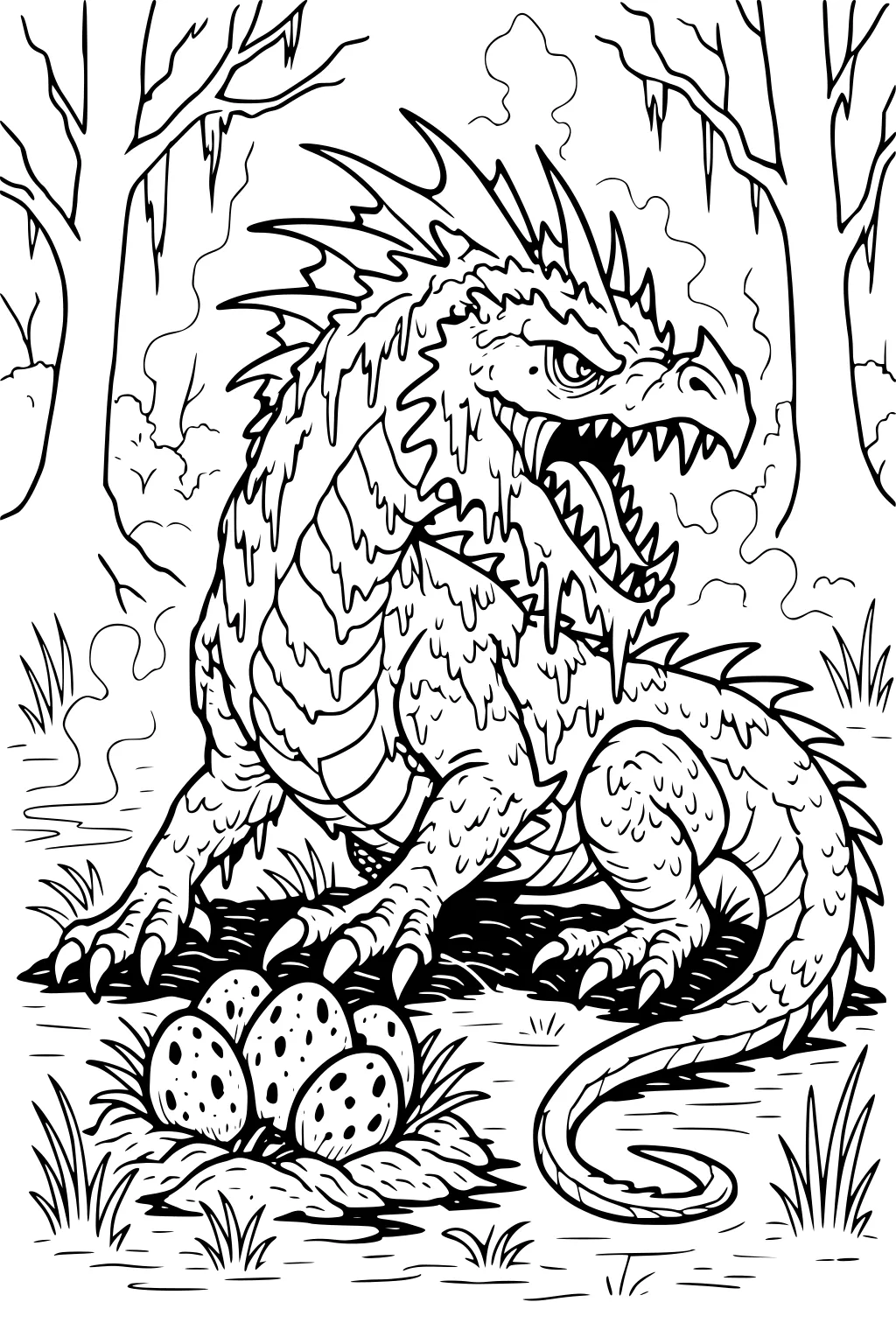 Fierce spiky dragon crouches in a swamp, mouth open, guarding a nest of speckled eggs among grass, bare trees, and misty swirls.