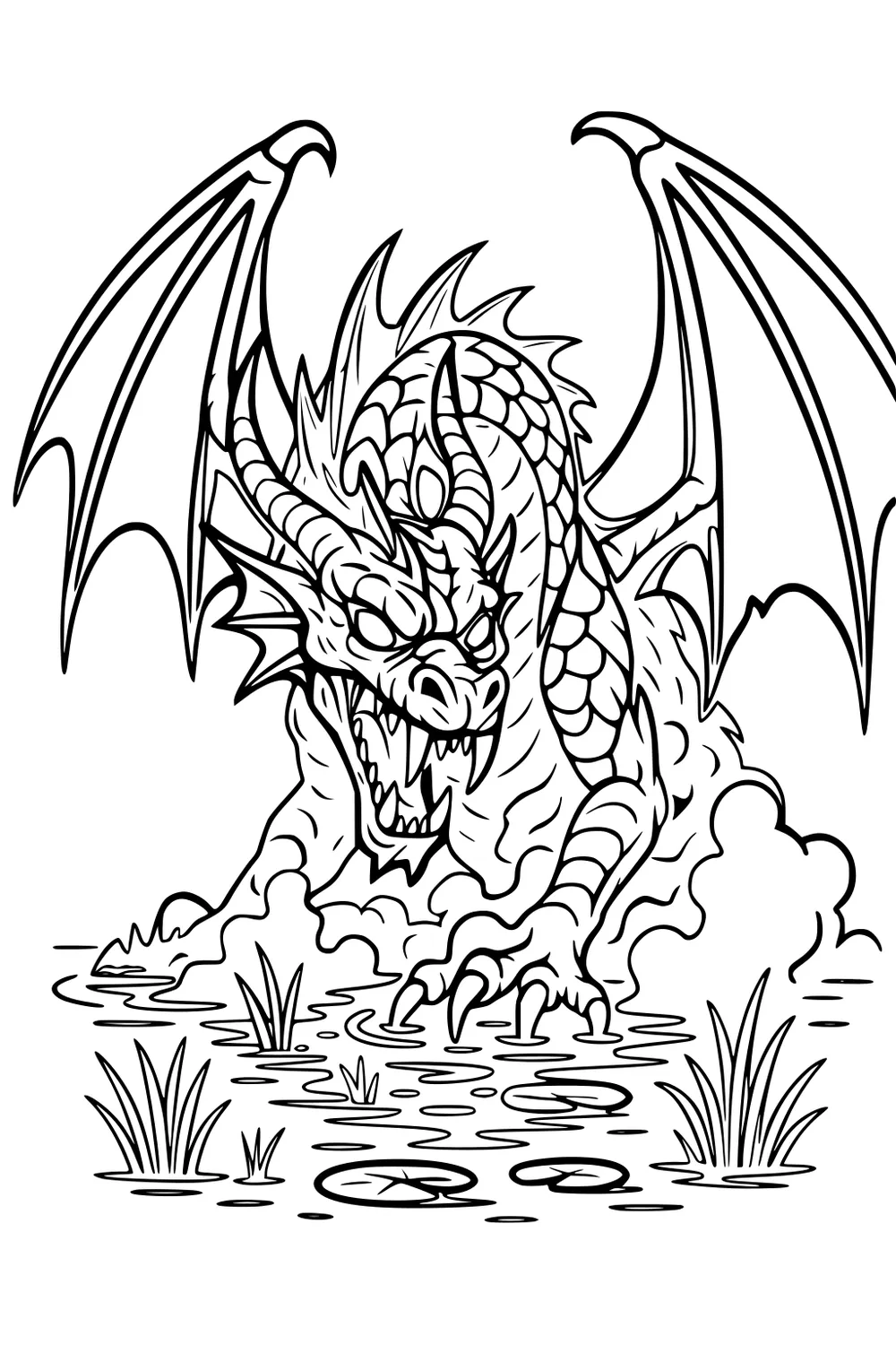 Dragon with spread wings roaring in a swamp, claws by lily pads, mist clouds and bare trees behind, detailed scales, horns, and teeth.