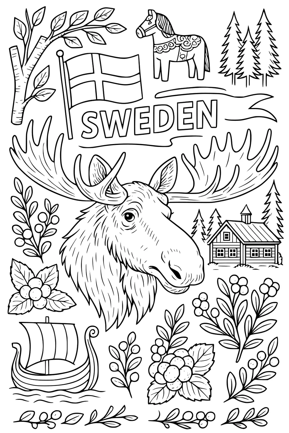 Moose with large antlers, Swedish flag, berries, Dala horse, Viking ship, wooden cabin, trees, and leaves.