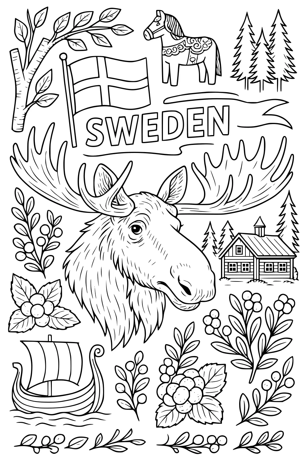 Moose with large antlers, Swedish flag, berries, Dala horse, Viking ship, wooden cabin, trees, and leaves.