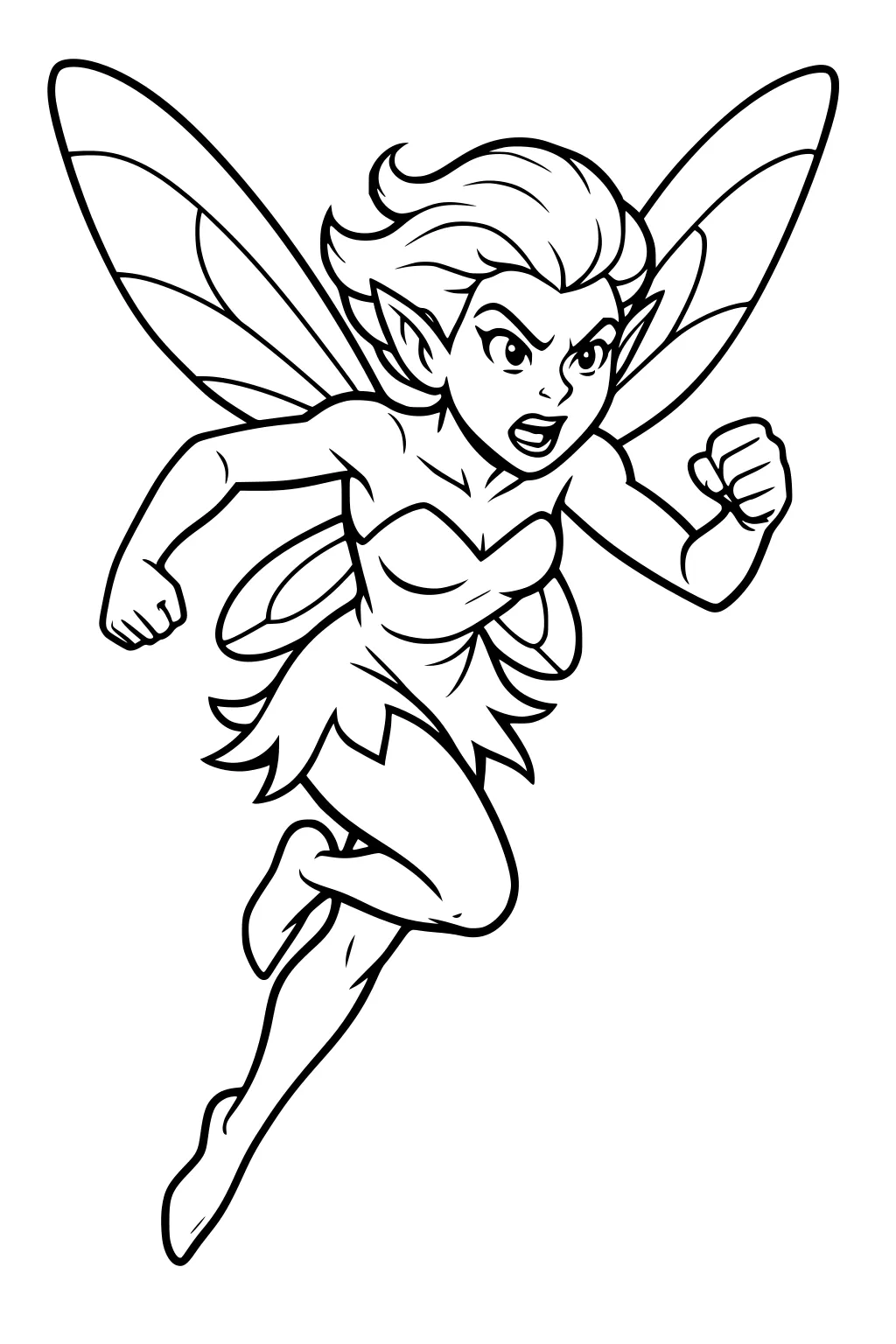 Flying fairy girl with short hair, pointed ears, leaf dress, clenched fists, and large segmented wings in a dynamic action pose.