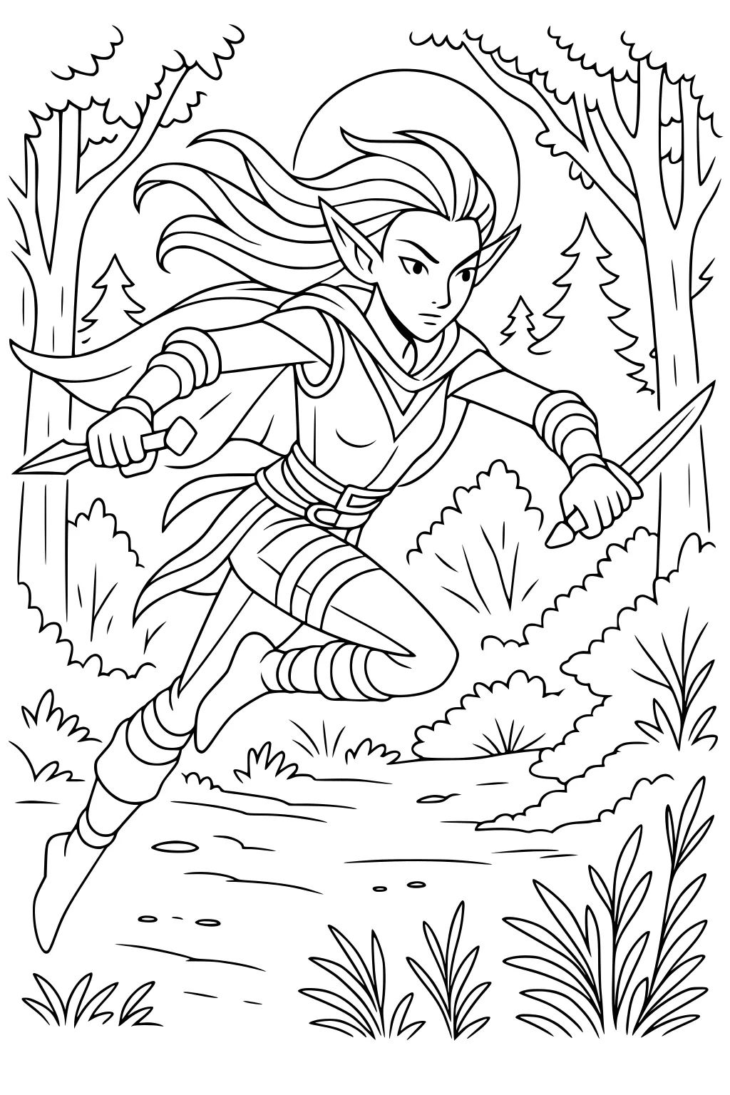 Elf girl sprinting with two daggers on a forest path, cape flowing, long hair, pointed ears, trees, bushes, and grass around.