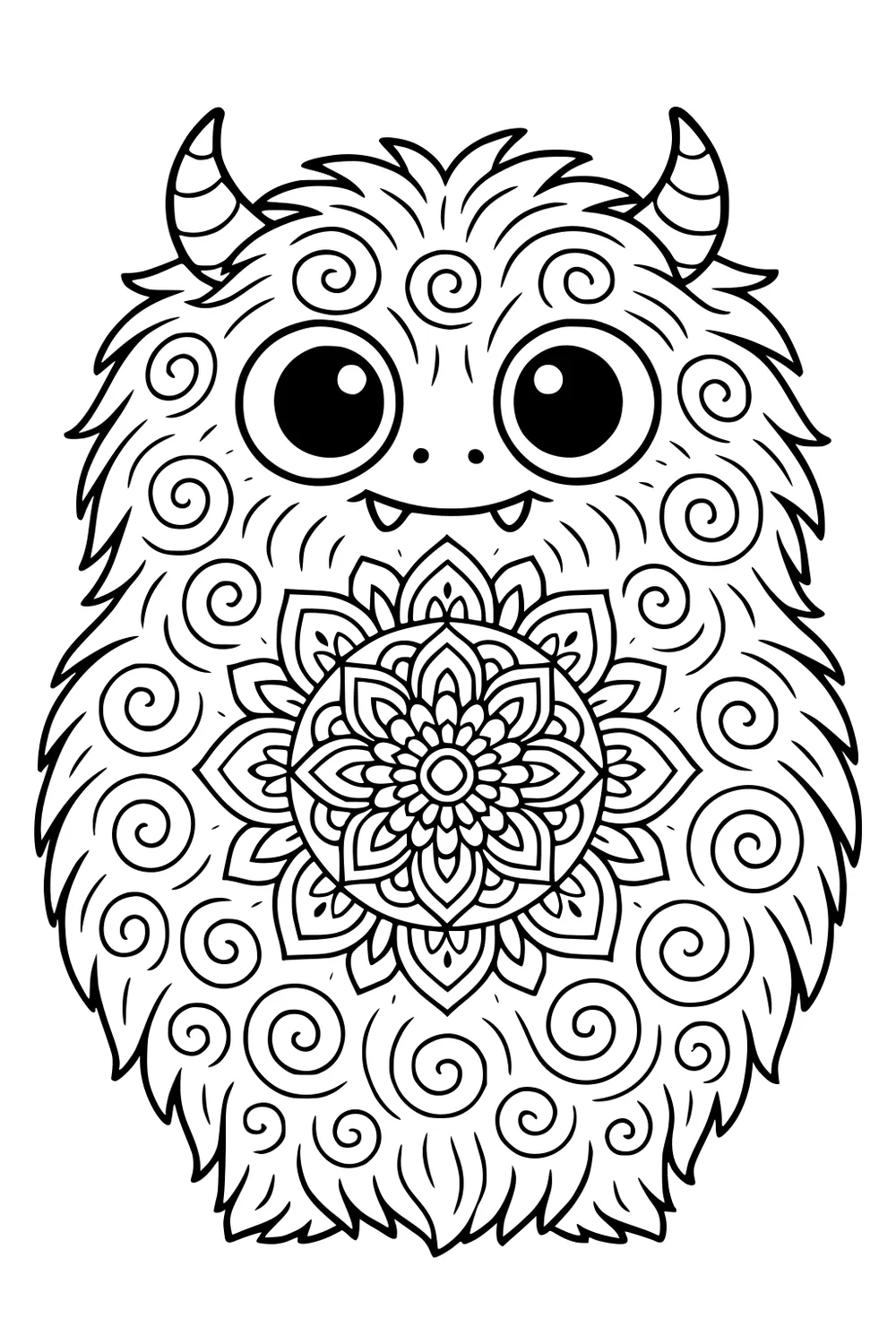 Fluffy monster with big eyes, striped horns, tiny fangs, spiral fur, and a detailed mandala on his belly, black line art.
