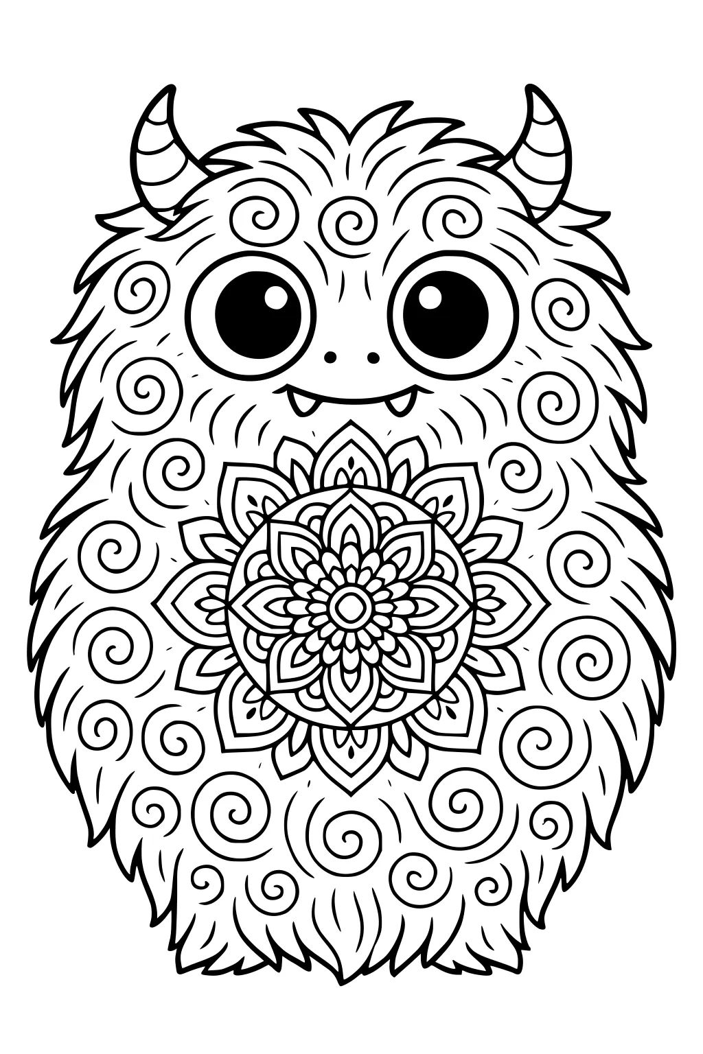 Fluffy monster with big eyes, striped horns, tiny fangs, spiral fur, and a detailed mandala on his belly, black line art.
