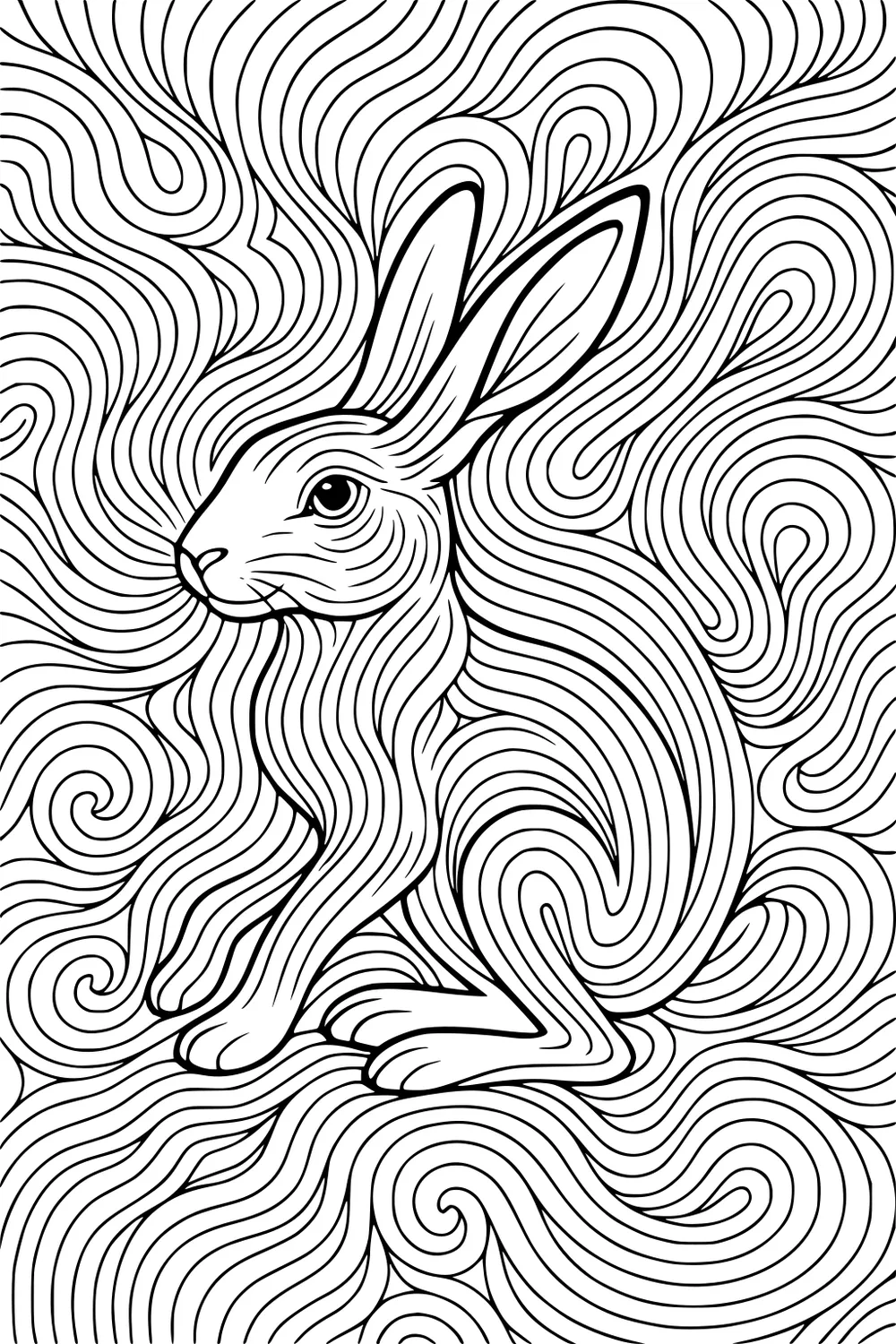 A hare with large ears sits surrounded by curving, swirling lines that fill the entire page.