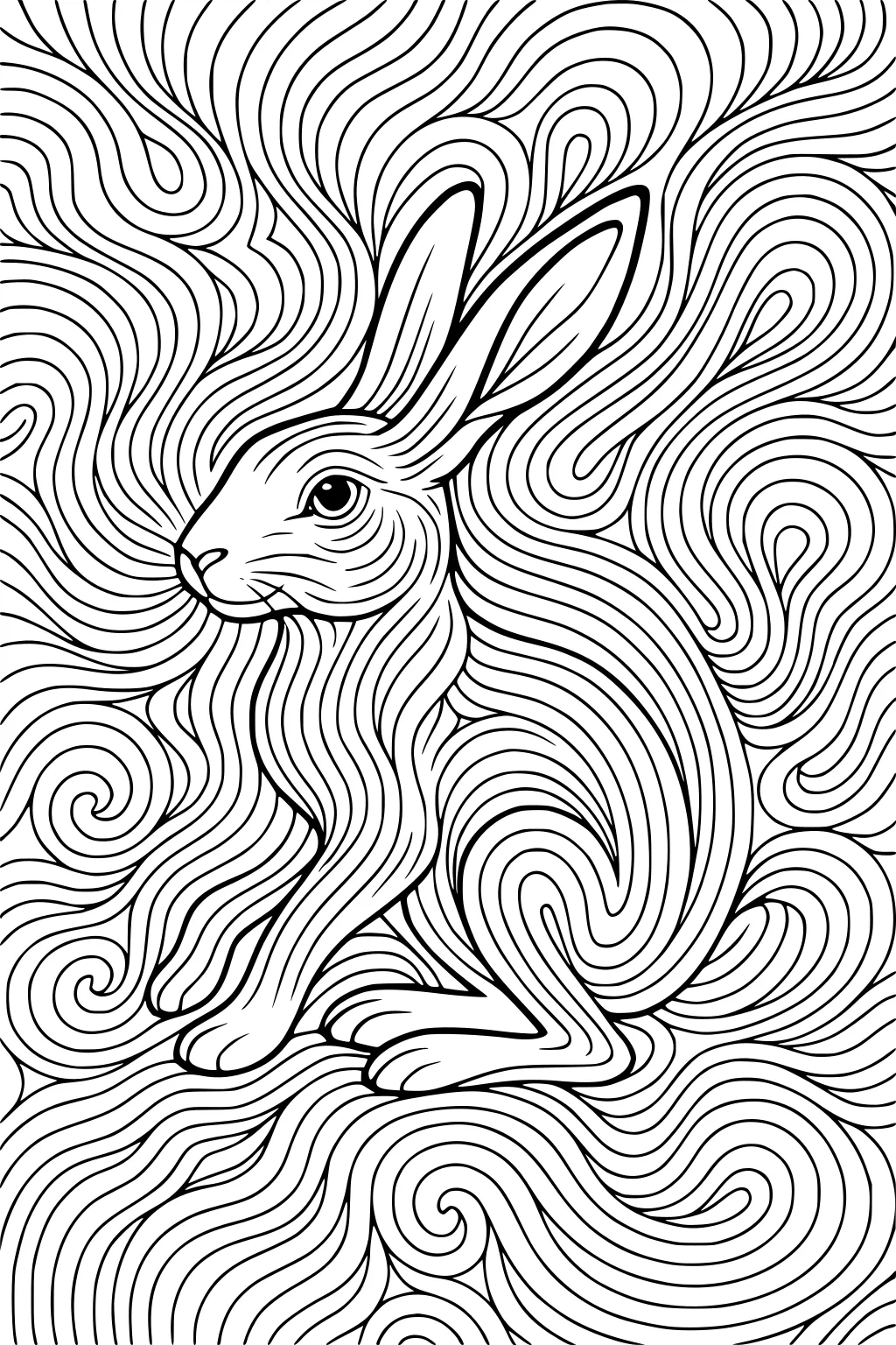 A hare with large ears sits surrounded by curving, swirling lines that fill the entire page.