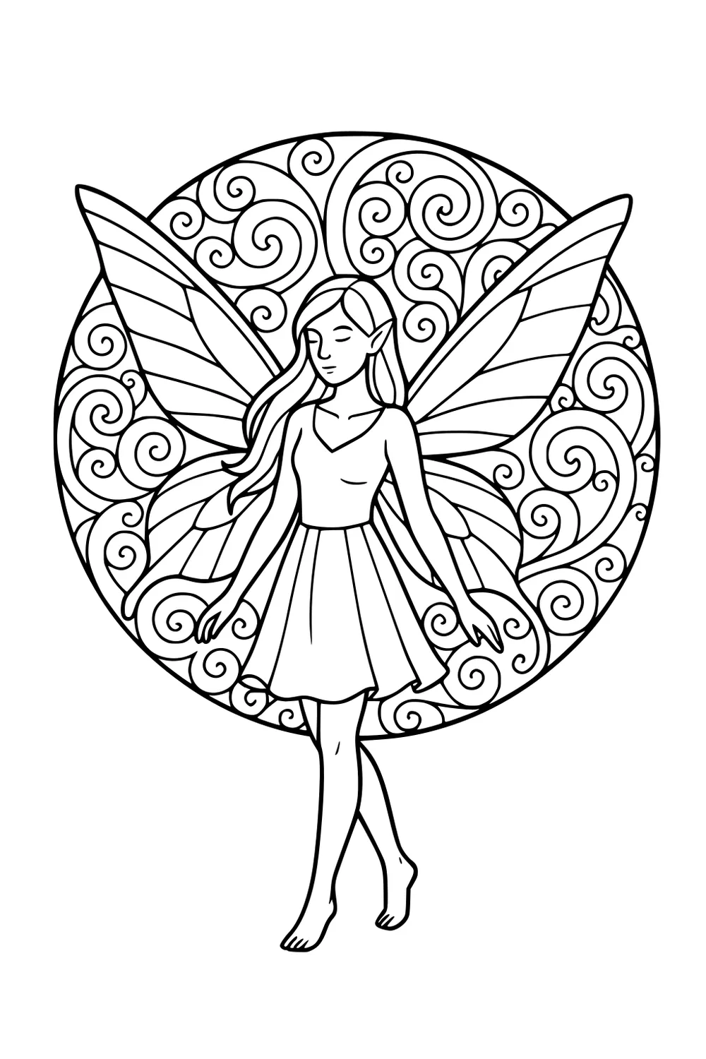 Fairy girl with big wings stands barefoot before a round swirl background, eyes closed, long hair and a simple dress.