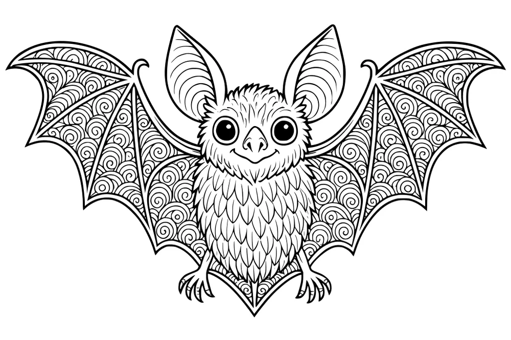 Cartoon bat with large ears, fluffy body, big eyes, and wings decorated with detailed swirl patterns.