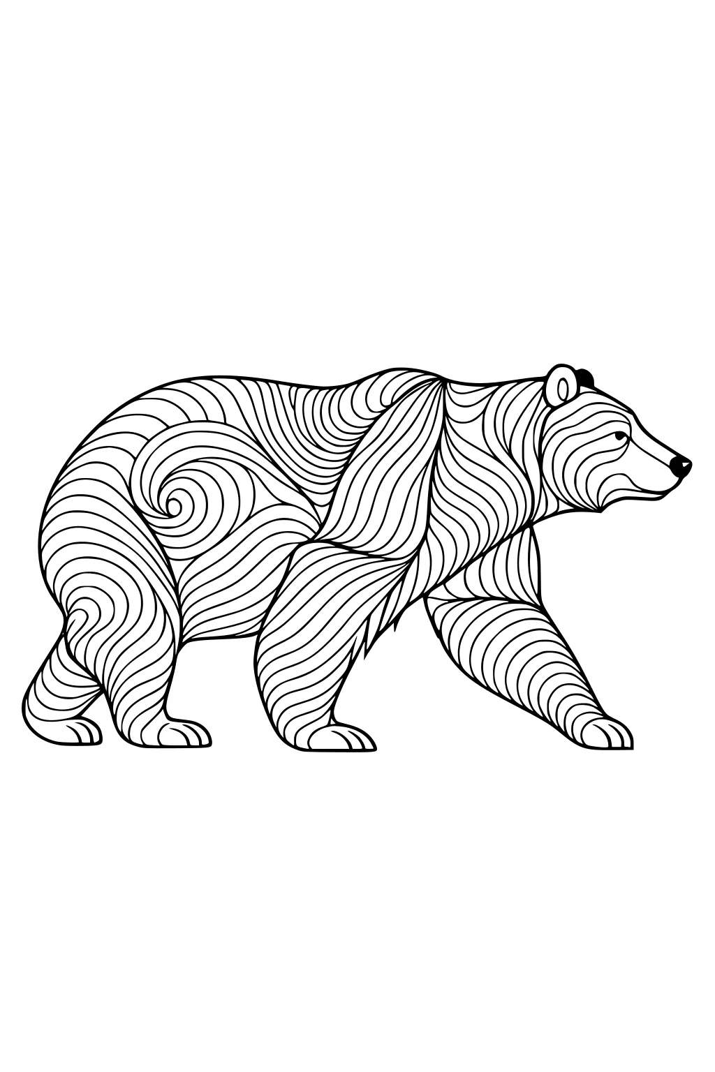 Bear walking with swirling line pattern fur, large body, perked ears, and sturdy legs with blank background.