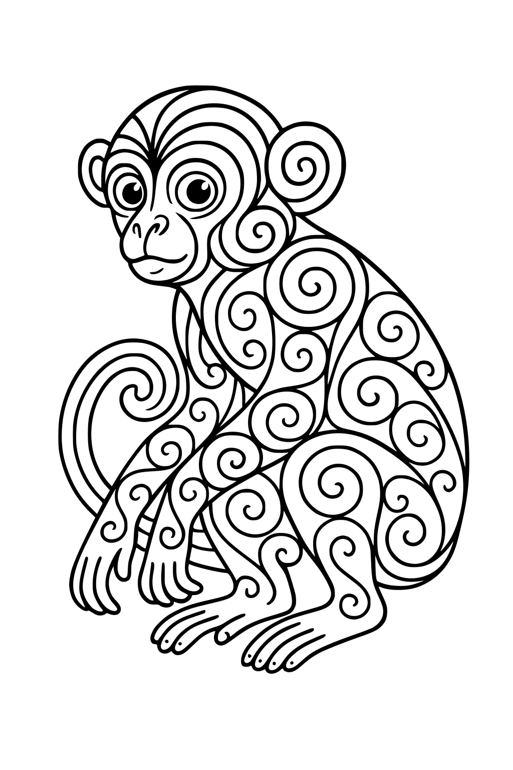 Monkey sitting with spiral patterns all over its body, large eyes, curled tail, hands on the ground.