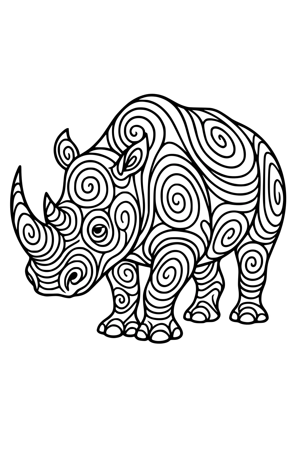 Line drawing of a rhinoceros covered in swirling spiral patterns, with large horns and detailed feet.