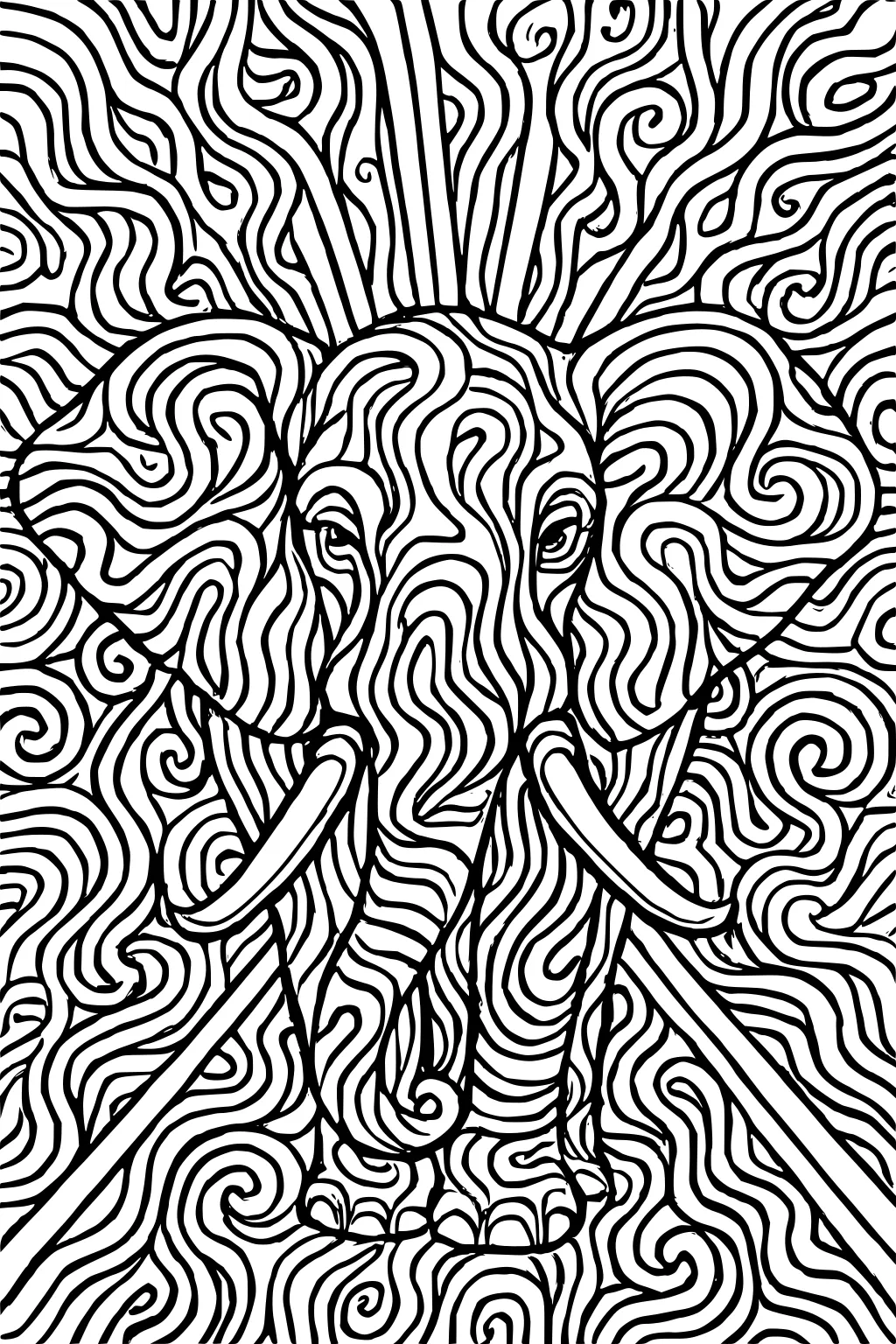 Elephant with large tusks, swirling lines and patterns covering its body, face, and the background.