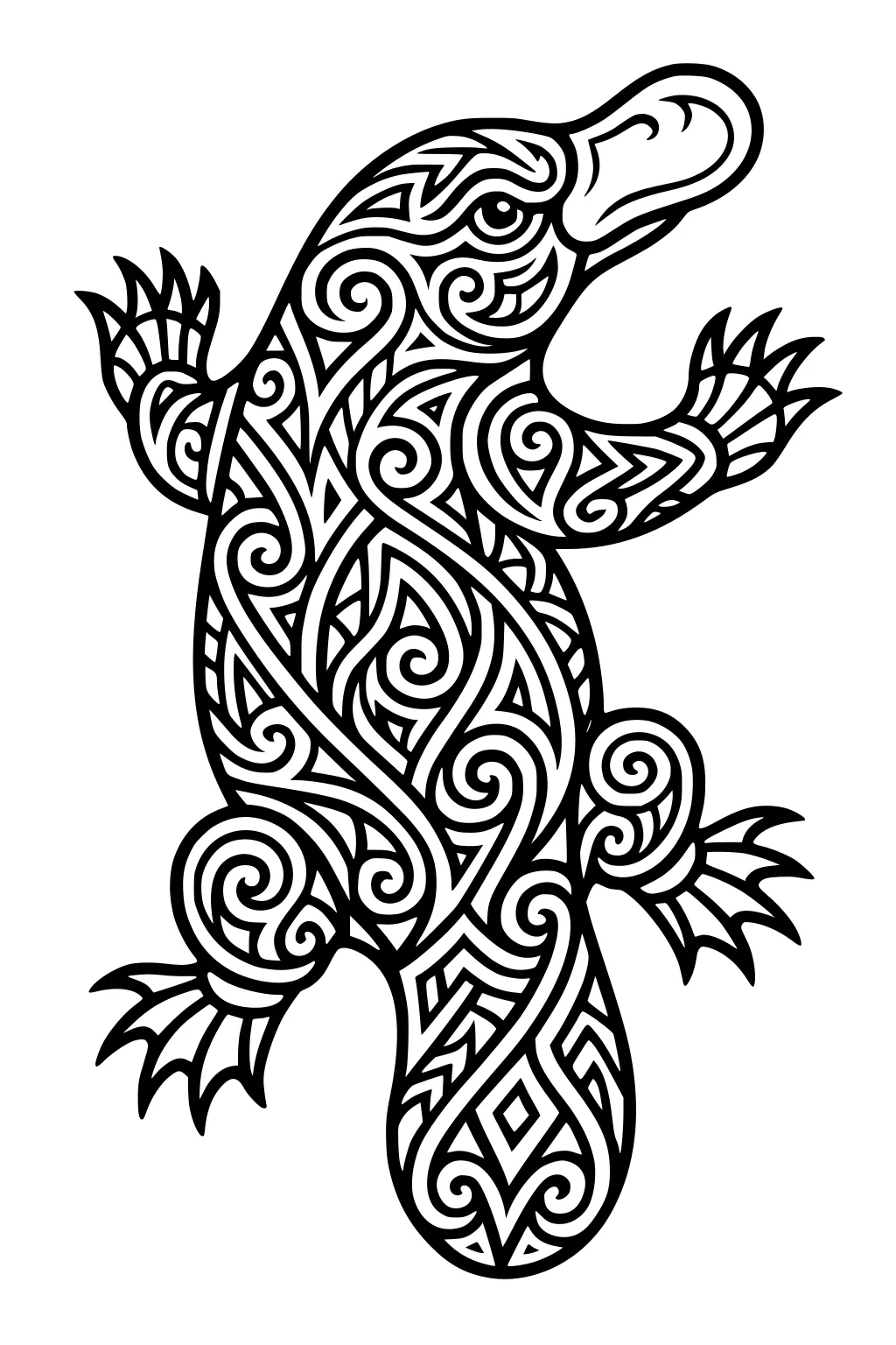Platypus covered in swirling pattern designs with webbed feet and large bill, viewed from above.