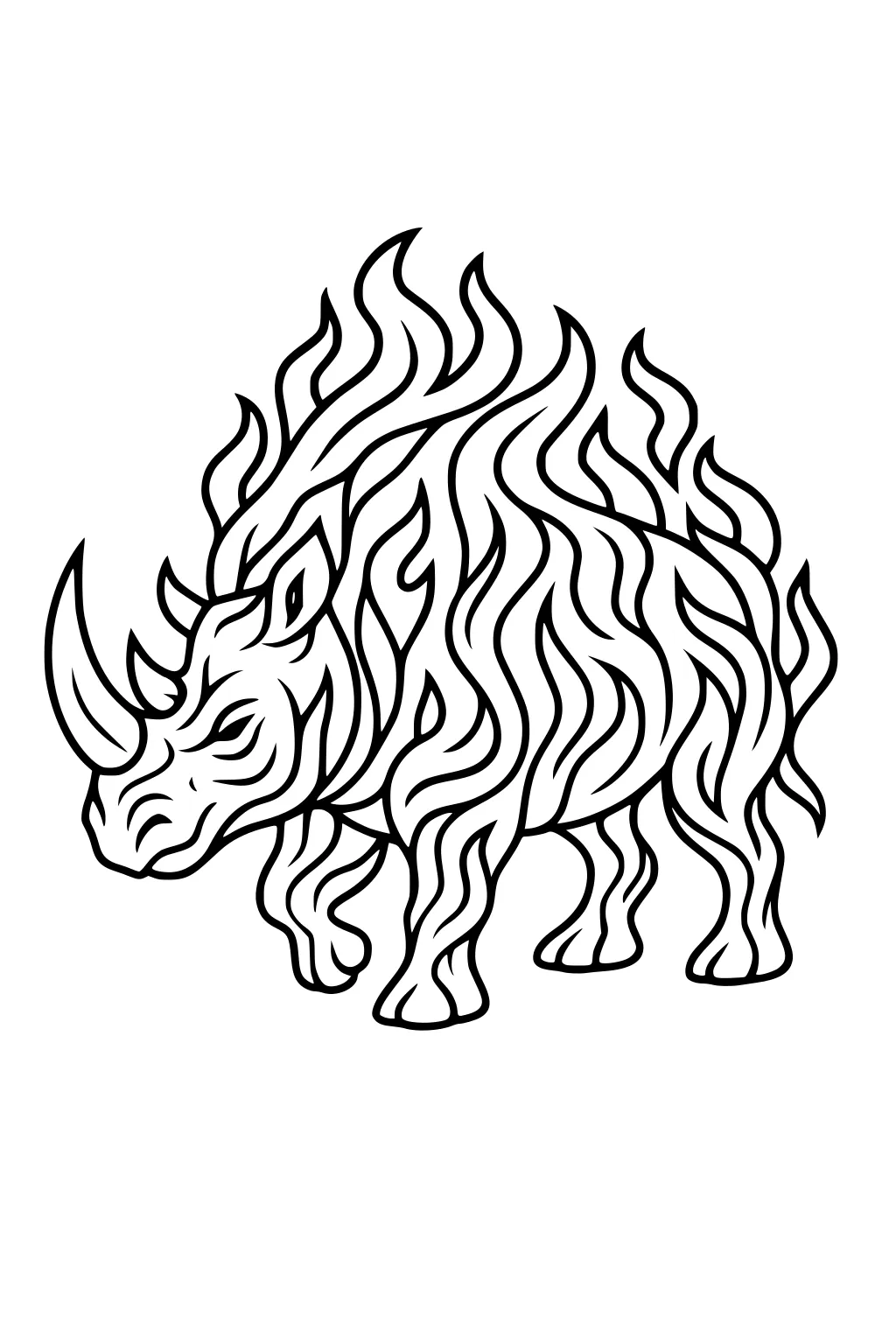 Rhinoceros walking on all four legs covered in swirling, flame-like patterns.