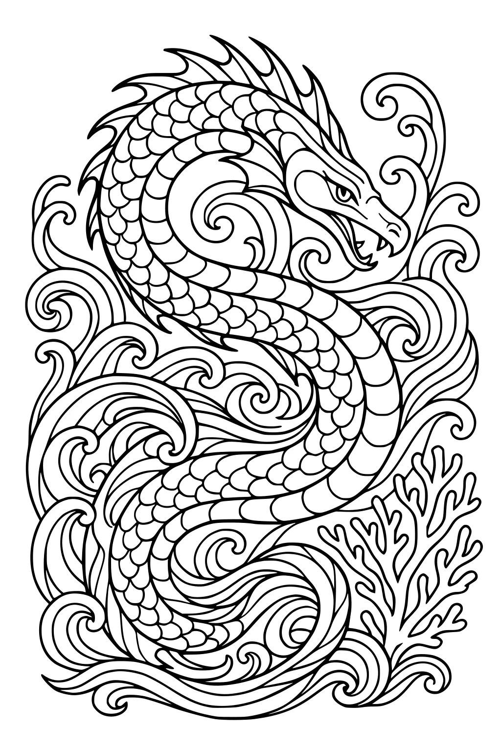 Sea serpent with scales and spiked back twisting through swirling waves; open mouth shows teeth; branching coral sits at lower right.