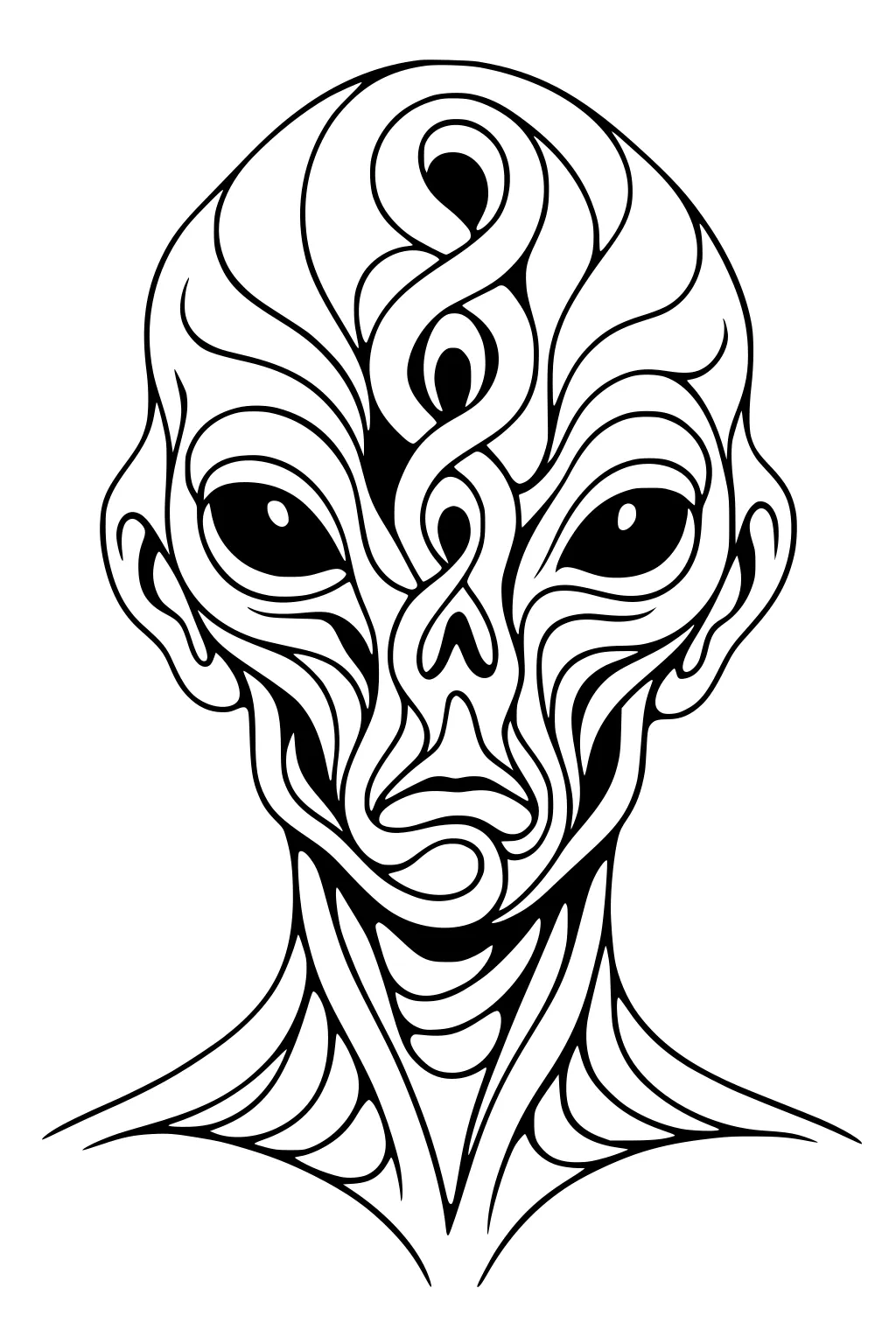 Black-and-white alien portrait with big oval eyes and swirling face and neck lines, symmetrical outline ready to color.