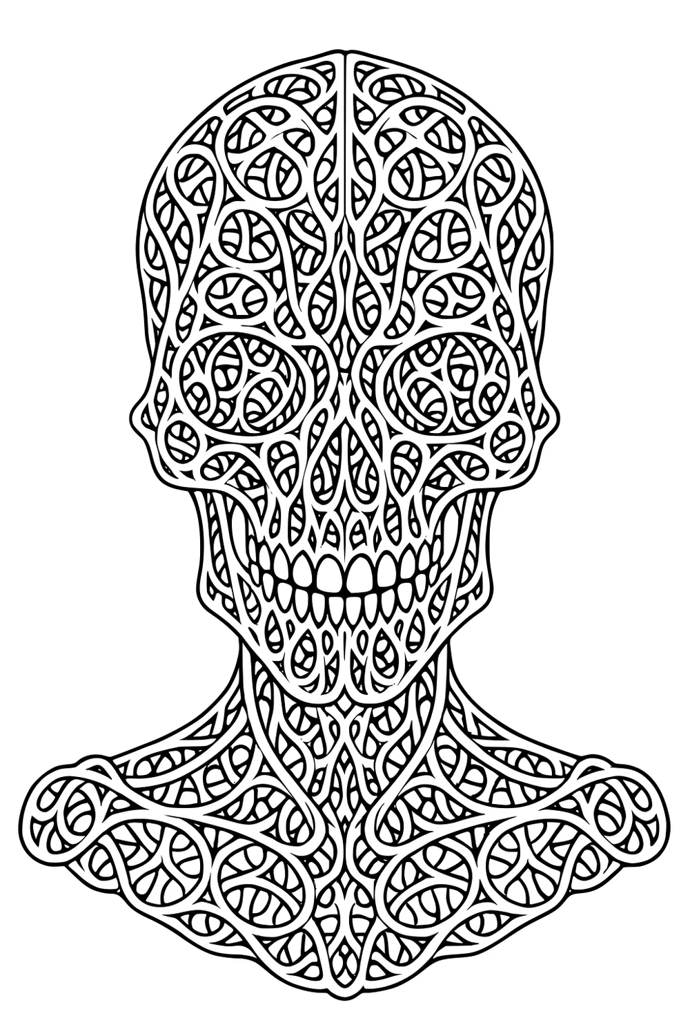 Intricate alien head with swirling line patterns, big oval eye shapes, toothy smile, and looping designs across neck and shoulders.