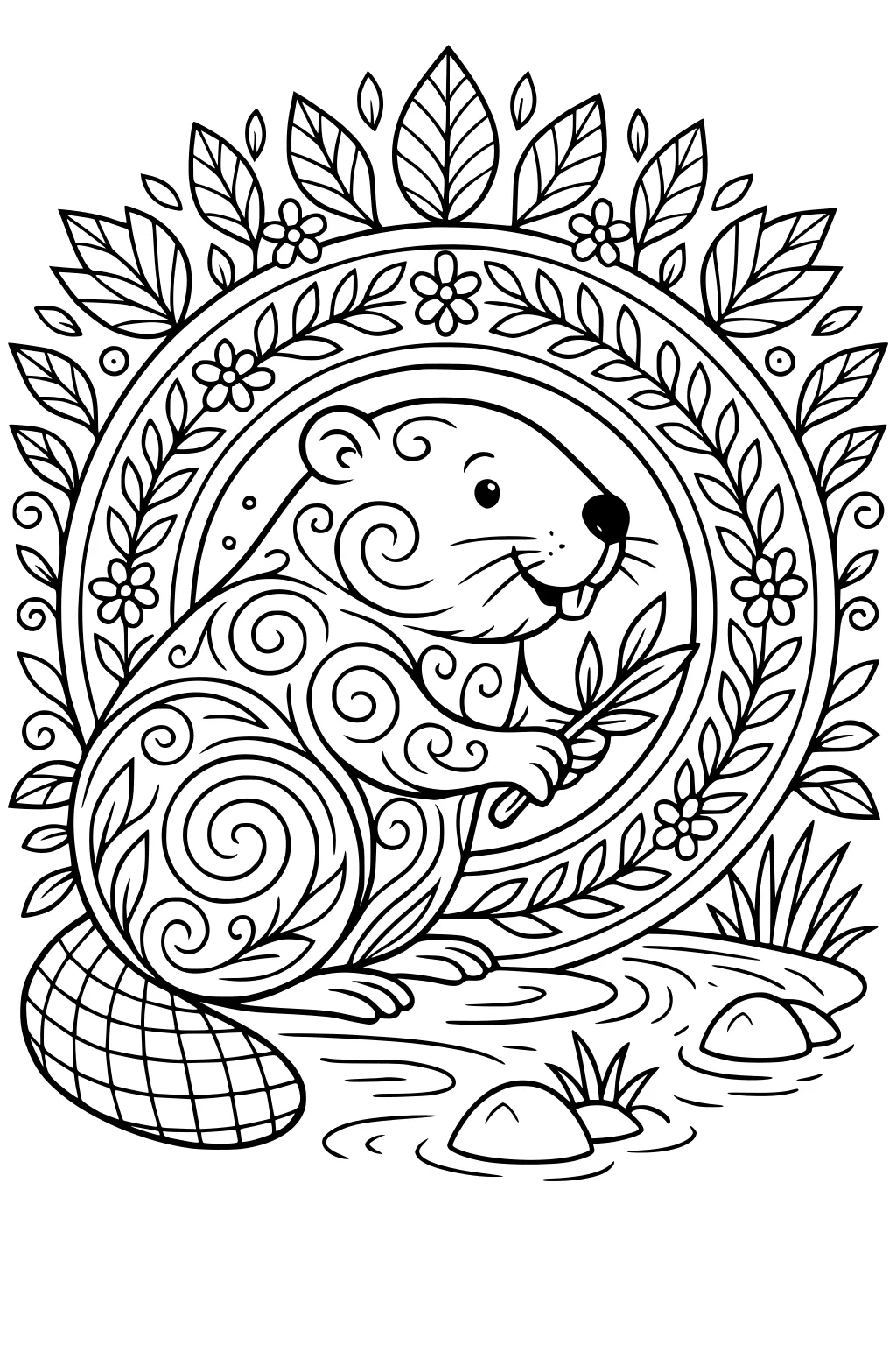 Beaver with swirly patterned fur holding a twig, surrounded by flowers, leaves, pond, rocks, and grass.