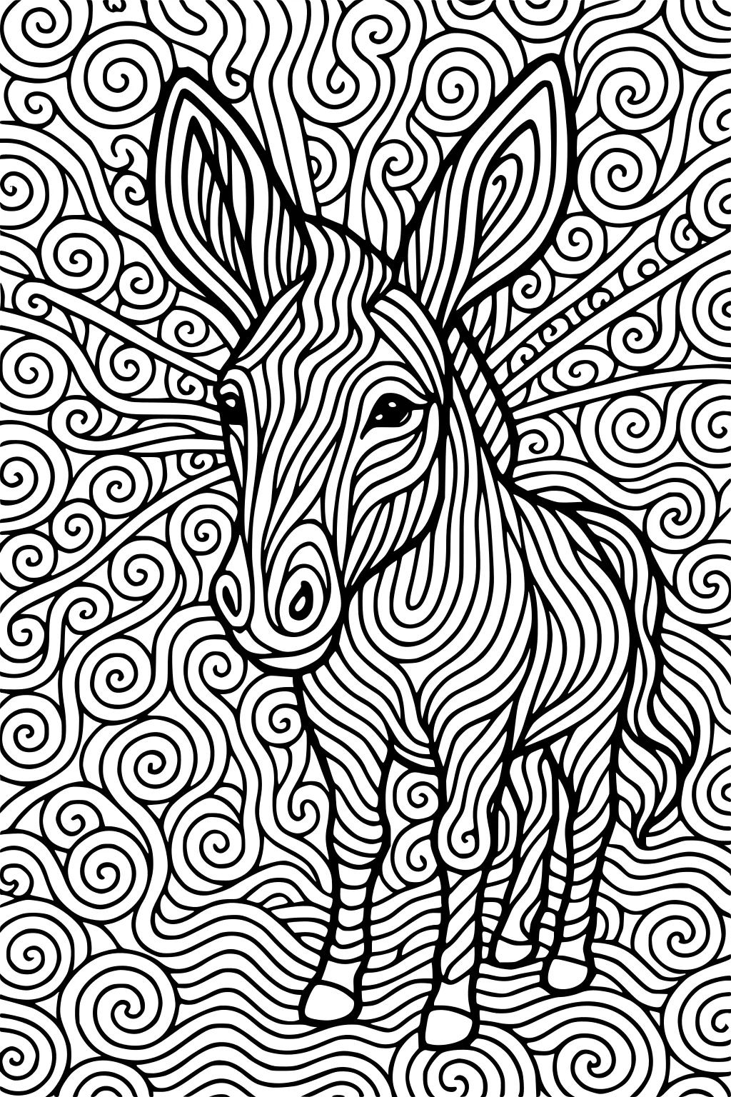 Donkey with big ears, covered in swirly lines and stripes, standing in a field of spiral and zigzag patterns.