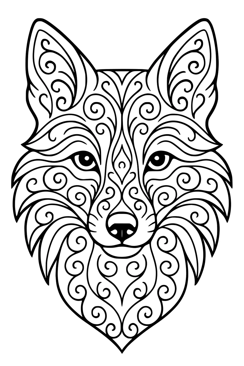 Fox face with swirling lines and curly patterns filling the fur and ears in a symmetrical design.