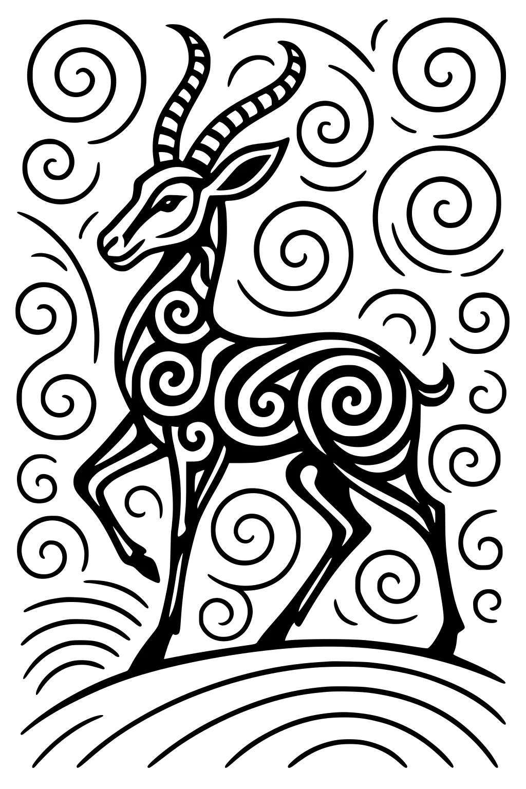 Outlined gazelle with spiral patterns on its body and background, standing on a hill.