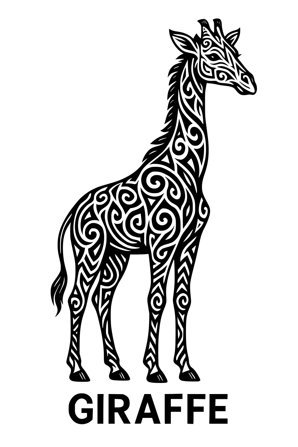 Giraffe with swirling patterns covering its body, standing upright with the word 'GIRAFFE' underneath.