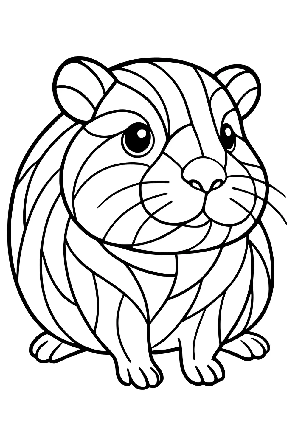 Round guinea pig with striped fur, sitting upright, large eyes, perky ears, and tiny feet outlined in black and white.
