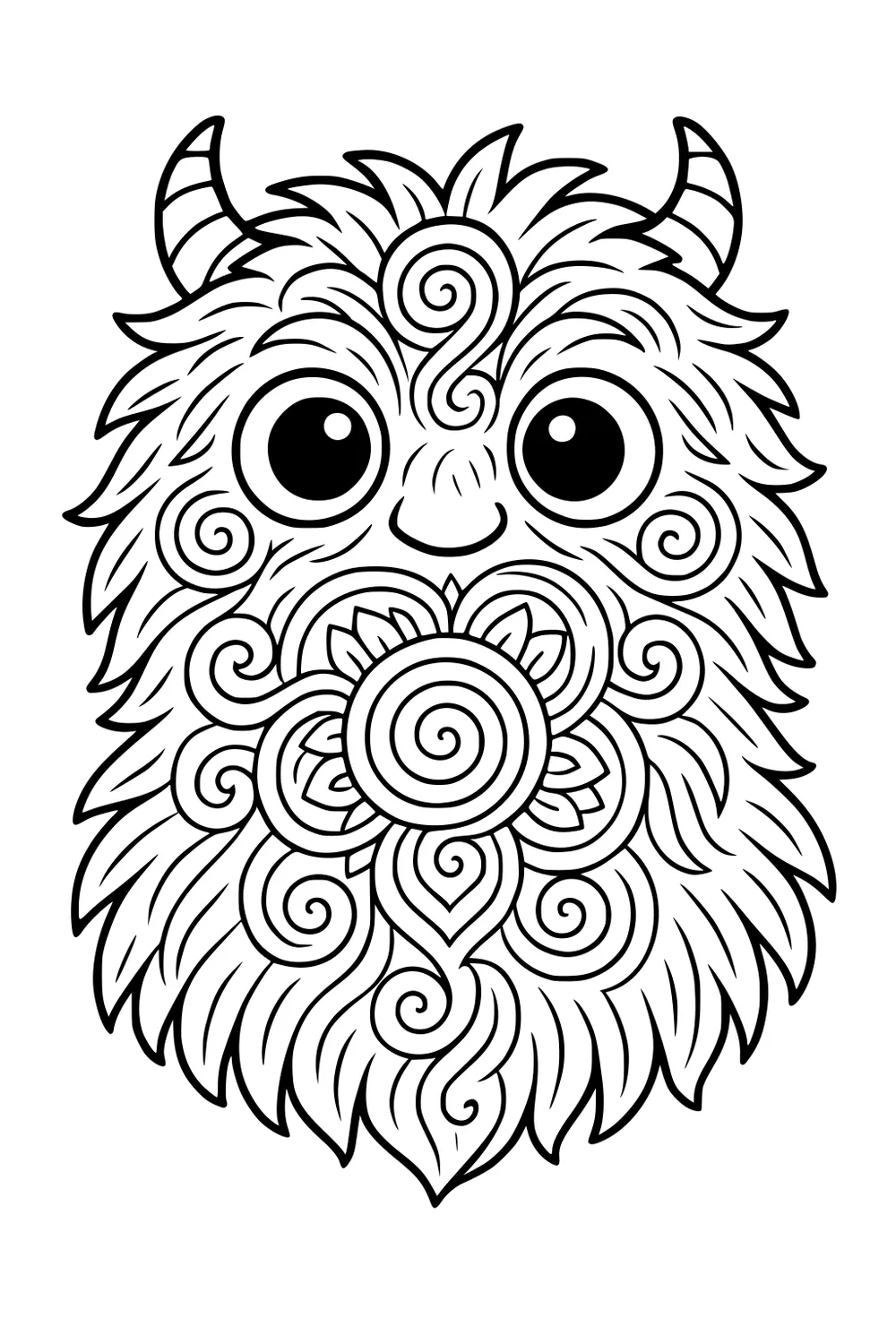 Horned fuzzy monster with big round eyes and swirly fur, spiral mandala on chest, front view with bold black outlines and no background.