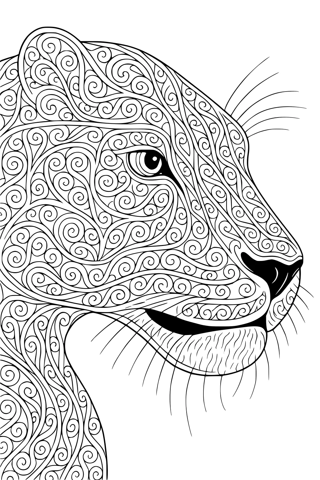 Jaguar head in profile, covered with swirling patterns and long whiskers, drawn in black outlines.