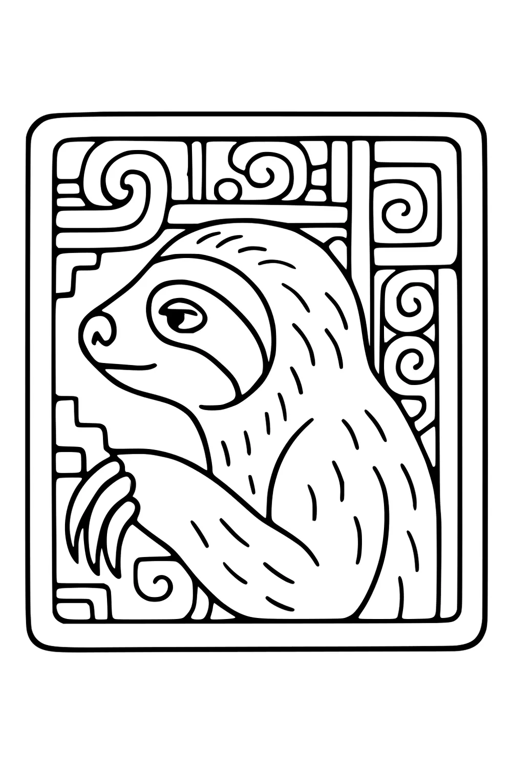 A sloth sits facing sideways with big claws and curved fur lines, framed by decorative swirling patterns.