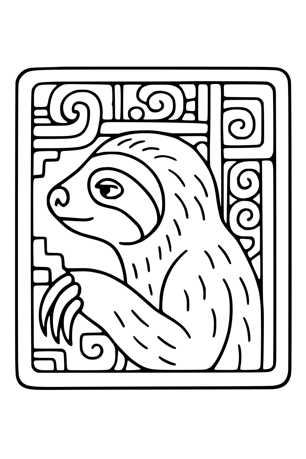 A sloth sits facing sideways with big claws and curved fur lines, framed by decorative swirling patterns.