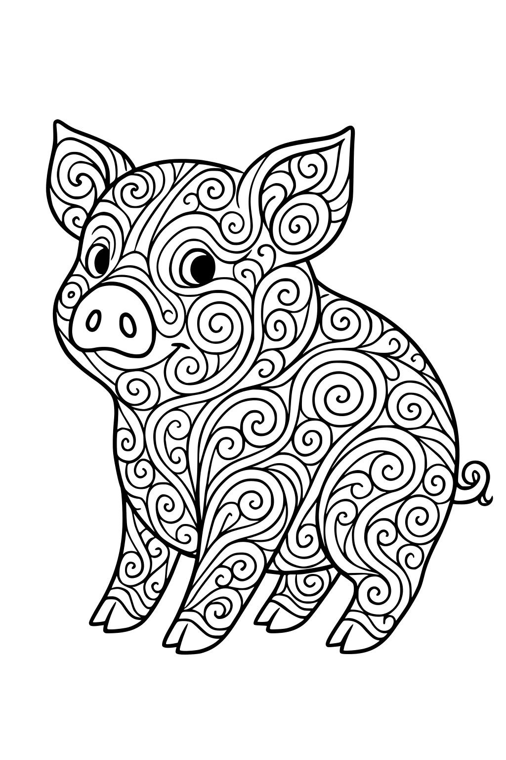 Pig sitting with spiral patterns covering its body, large ears, round eyes, and a small curled tail.