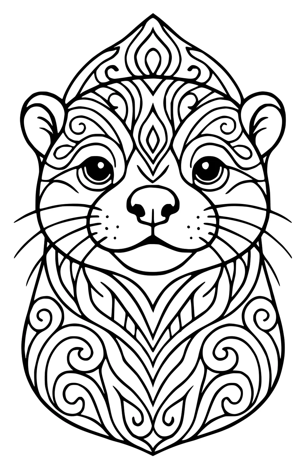 Front-facing otter with swirling geometric patterns on its fur and face.