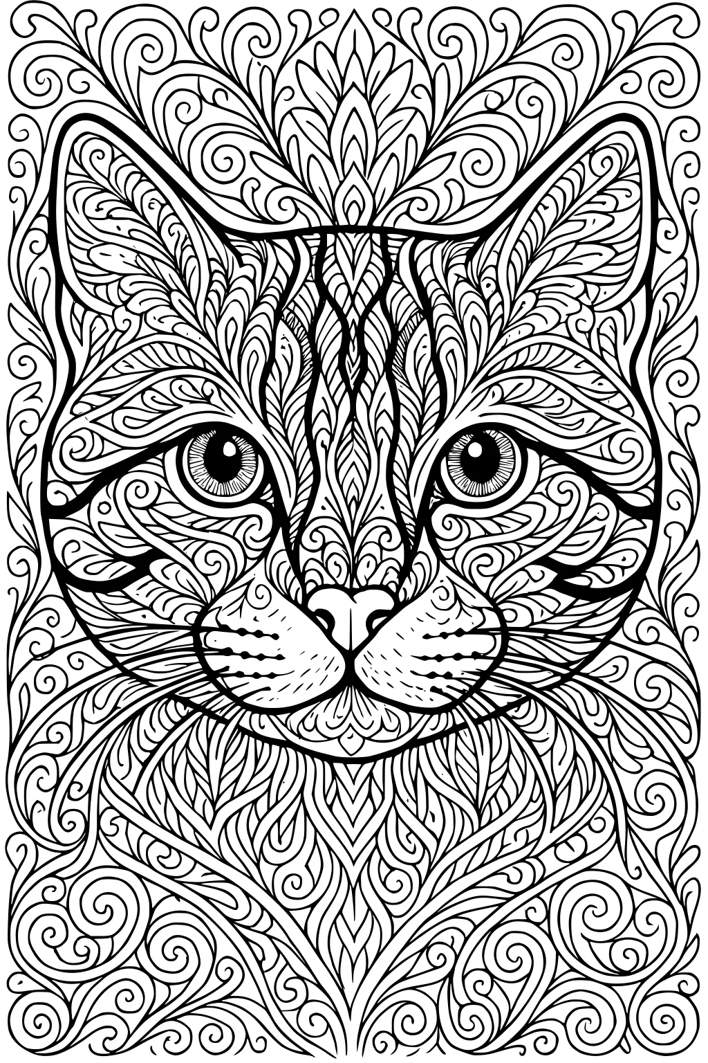 Detailed cat face with swirling, leafy patterns and intricate line designs throughout the fur and background.