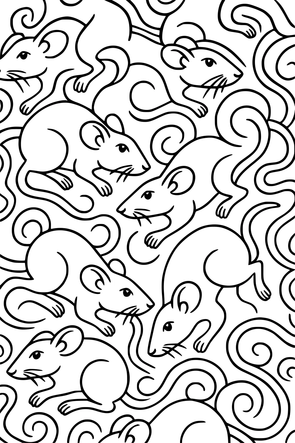 Several rats with large ears and long, swirly tails fill the page in a repeating, patterned design.