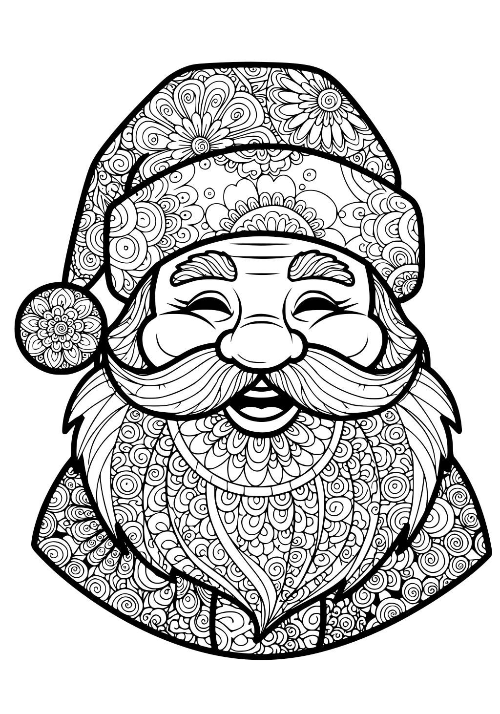 Smiling Santa with patterned hat, pom-pom, closed eyes, curly mustache, and a beard full of swirls and floral loops.