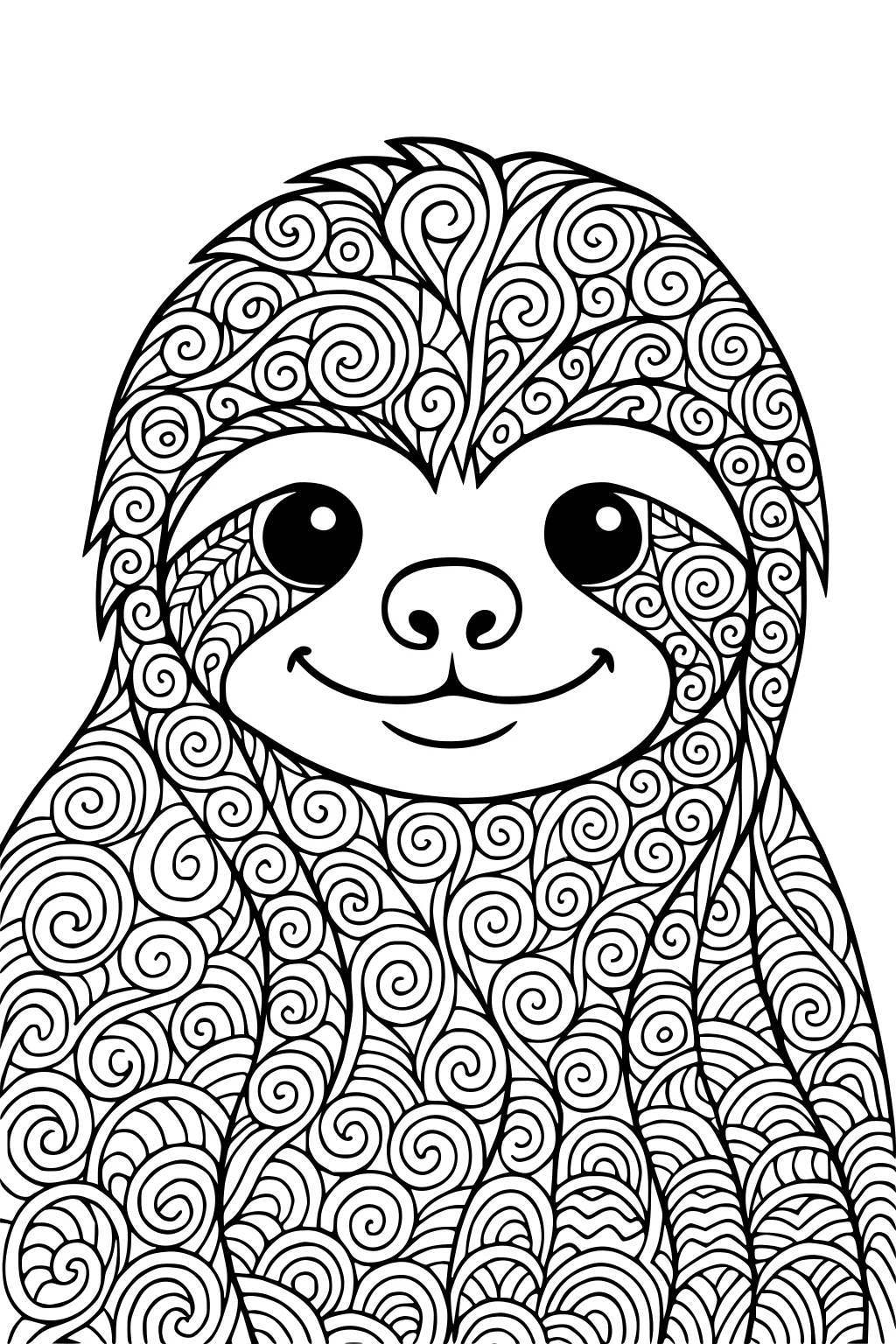 Cartoon sloth facing forward with spiral patterned fur and a wide friendly smile.