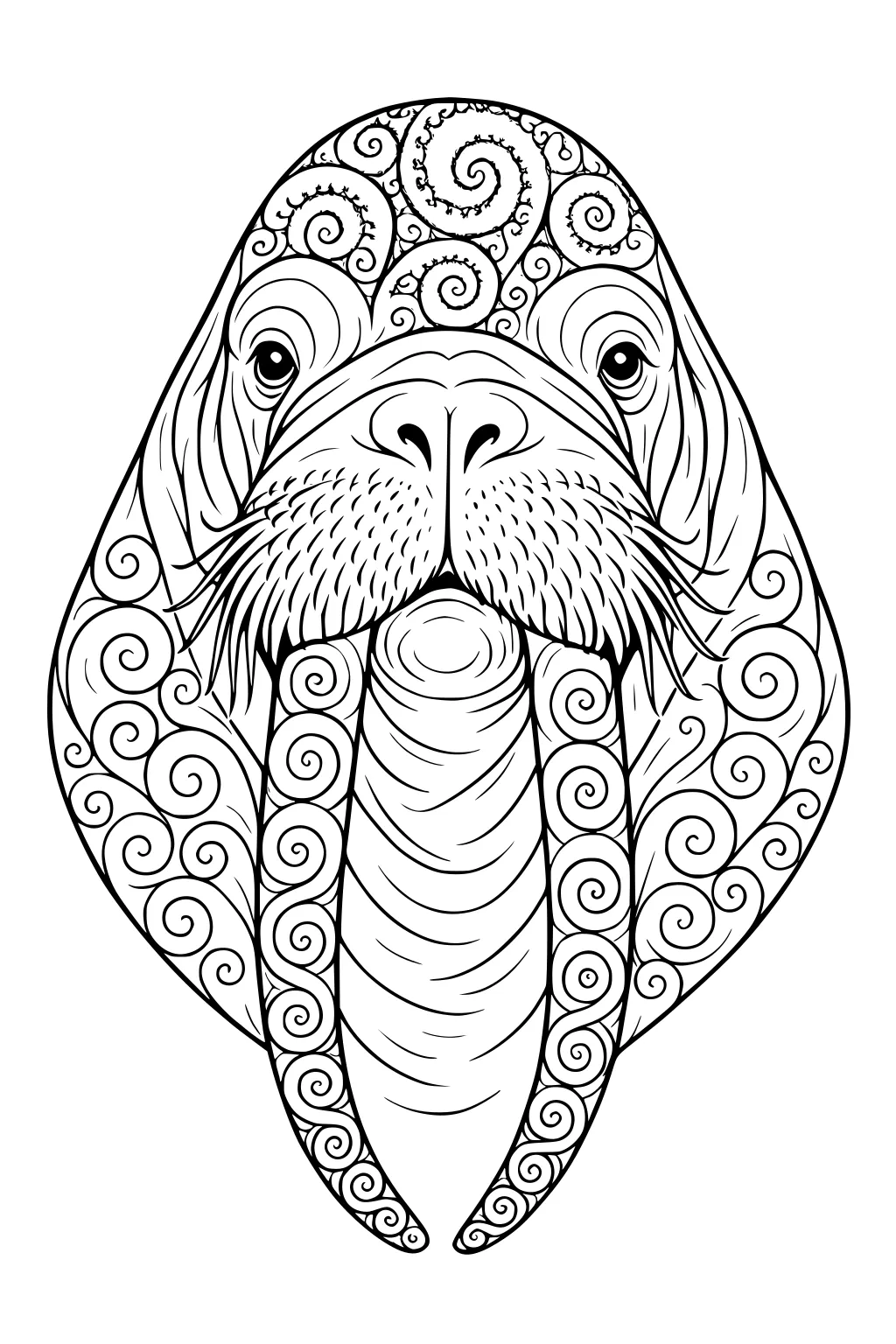 Front view of a walrus with long swirling tusks and spiral patterns covering the head and face.
