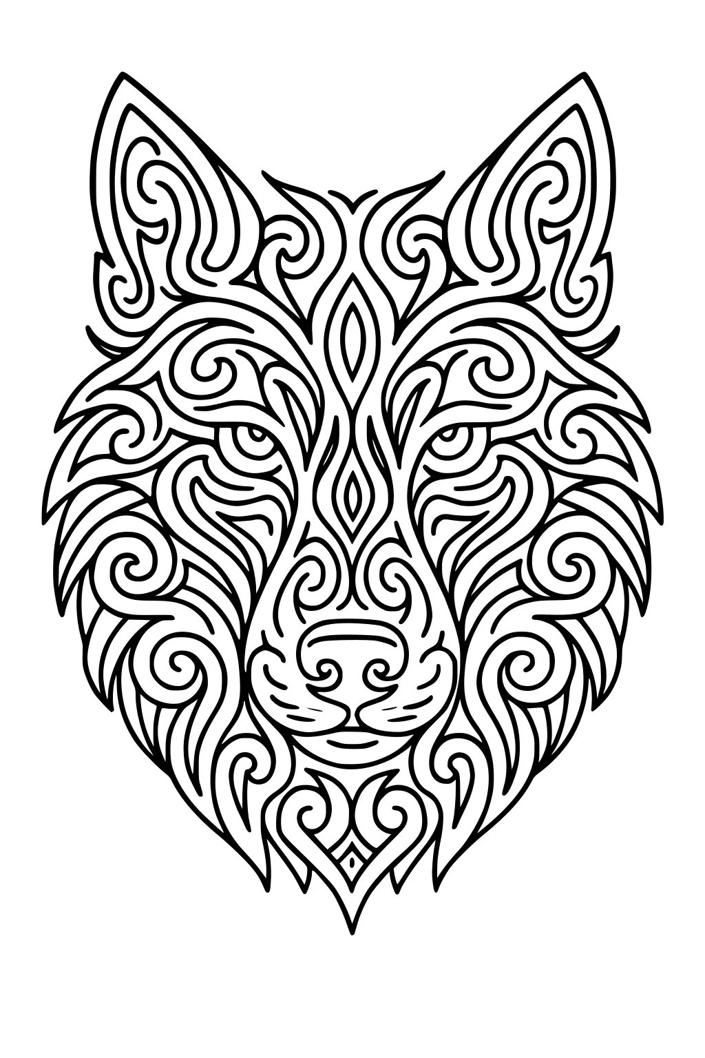 Symmetrical wolf head line art with swirling fur patterns, pointed ears, calm eyes, and bold black outlines.