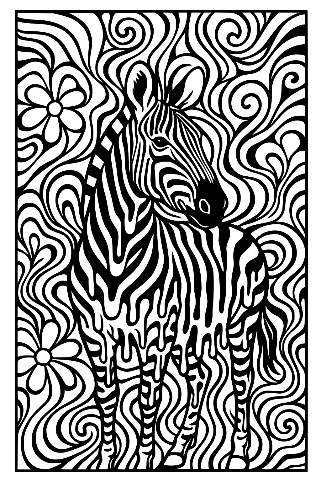 Zebra with bold stripes amid swirling patterns and two flowers, head turned sideways, outlined in a framed border.