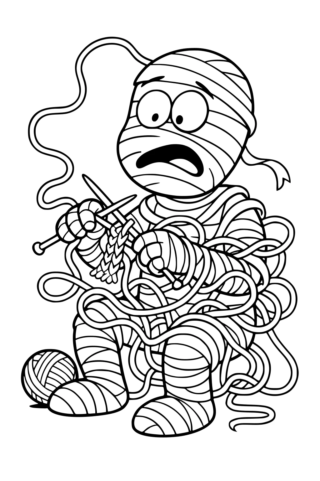 Cartoon mummy boy knitting, tangled in yarn, wide eyes, open mouth, yarn ball by feet, bandage wraps cover his body.