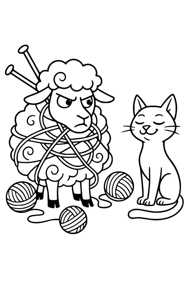 Tangled Yarn Trouble with Sheep and Cat