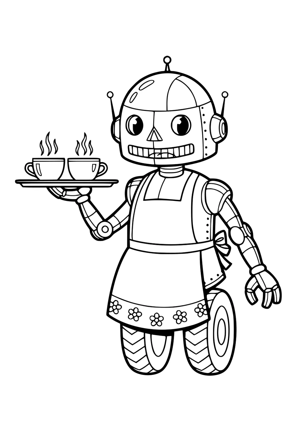 Smiling robot on wheels wearing a flower apron, holding a tray with two steaming cups; big eyes, antennae, jointed arms.