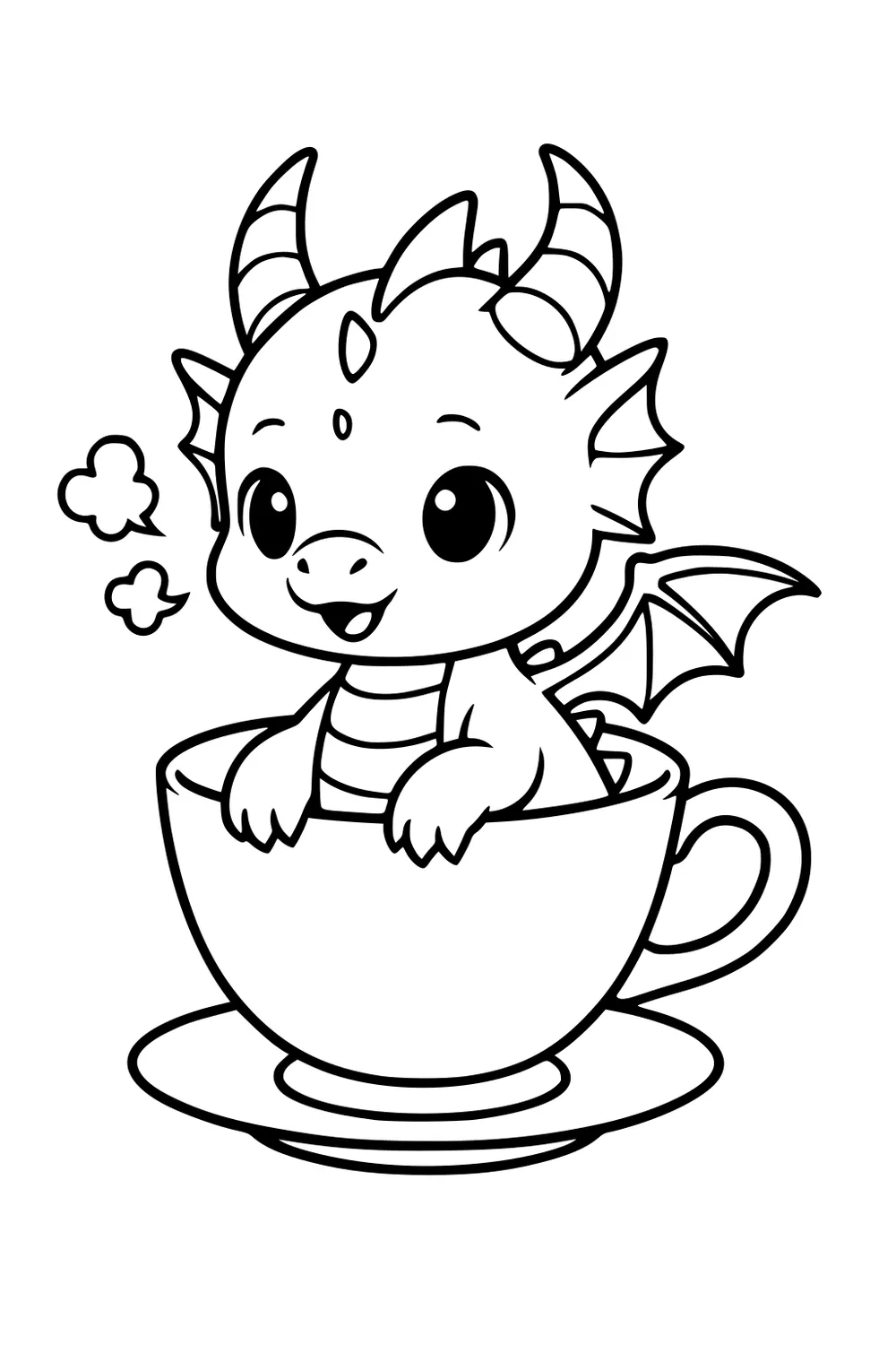 Smiling baby dragon with horns and small wings sitting in a teacup on a saucer, paws on the rim, with tiny steam puffs.
