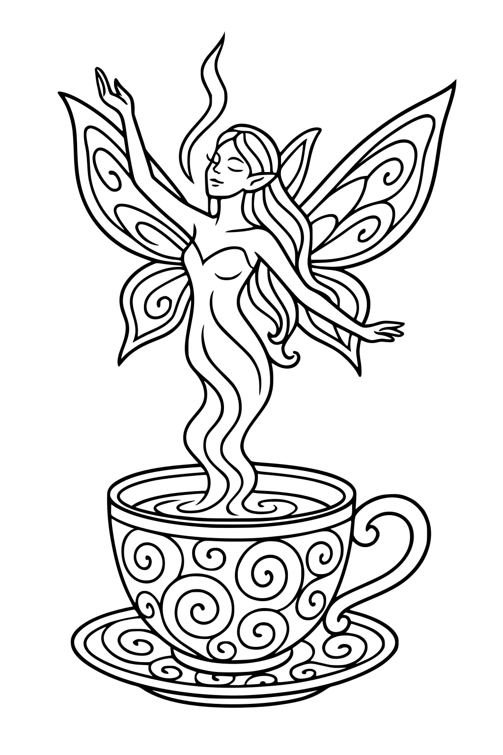 Fairy girl rises like steam from a swirly teacup on a saucer, with long hair, pointed ears, and large patterned wings.