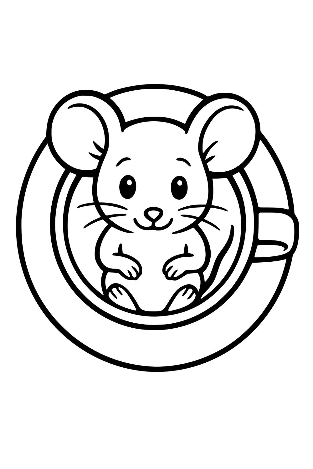 Mouse with large ears sitting inside a teacup, front paws on belly, tail tucked around.