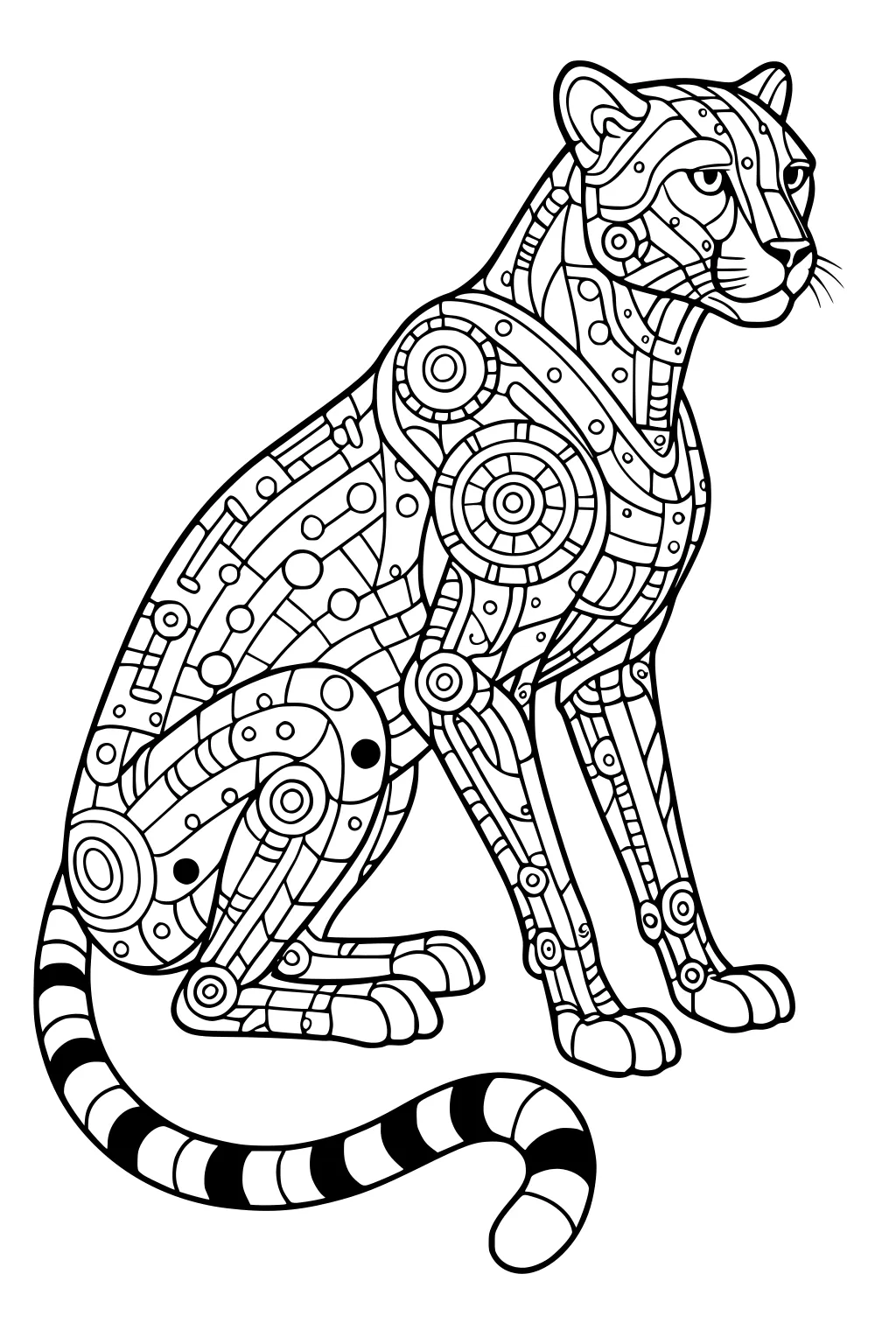 Sitting cheetah with intricate robotic and mechanical patterns, gears, and stripes on its body and tail.